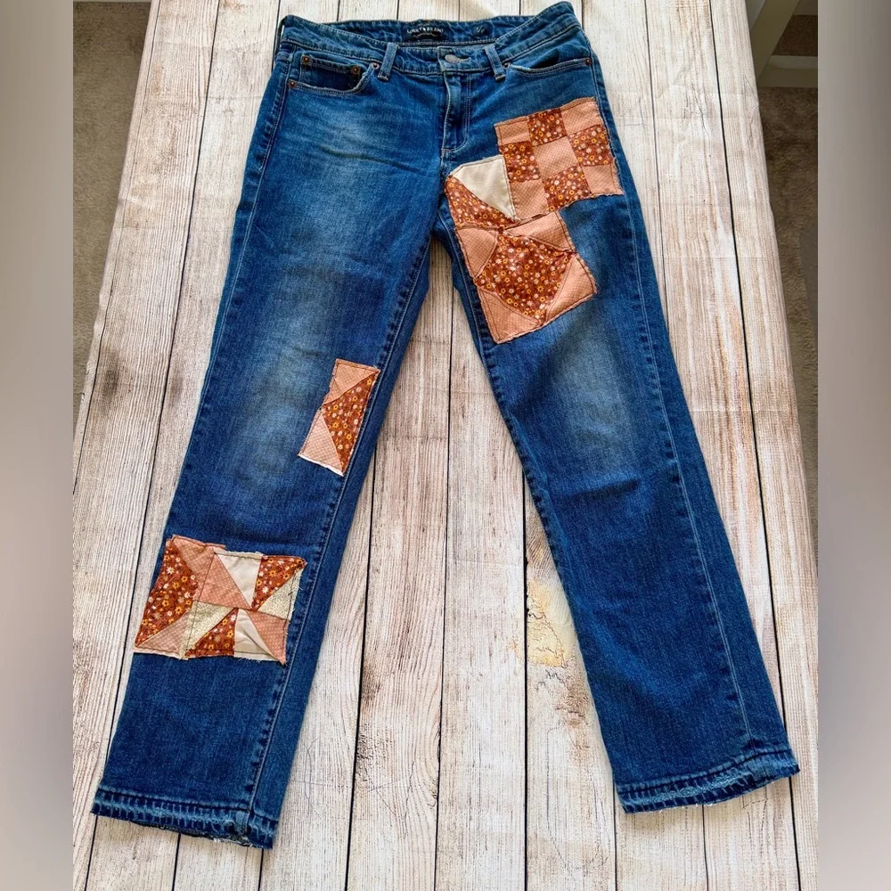 Lucky Brand Handcrafted Patchwork Jeans Size 27 / 4 Boho Quilt Denim